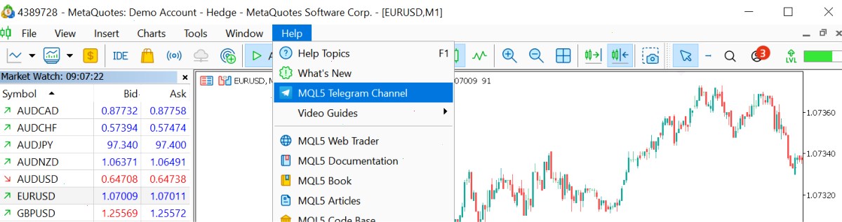 在“帮助”菜单中添加MQL5 Telegram频道的链接。